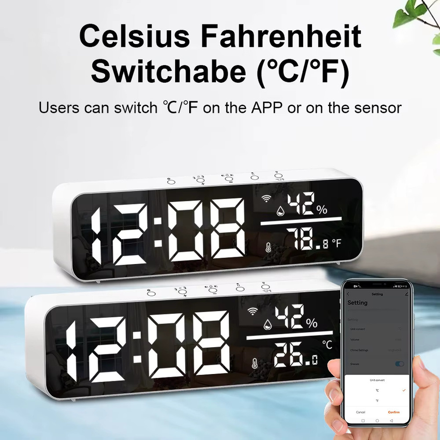 Tuya WiFi Smart Wecker mit Temperatur- und Feuchtigkeitssensor, LED-Display, Green, Smart Life App Steuerung, kompatibel mit Alexa und Google Home - Bild 4