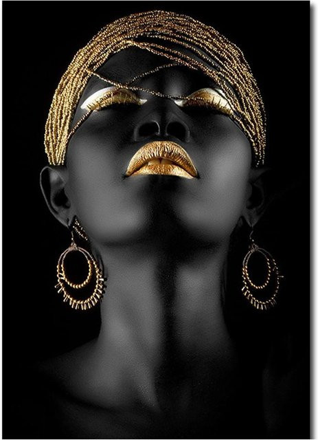Abstraktes Leinwandgemälde Afrikanische Schwarze Frau Portrait in Grau und Schwarz von DIYelecs - Bild 1