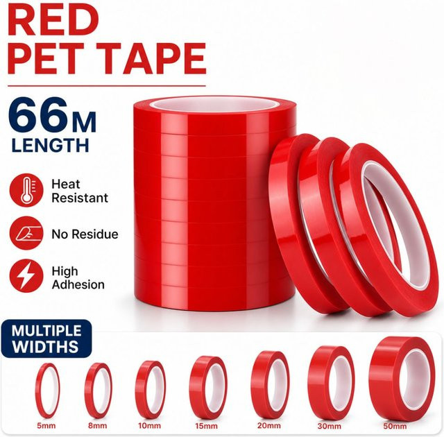 Hitzebeständiges rotes Markierungsband als selbstklebendes Whiteboard-Klebeband, Länge: 66 Meter - Bild 1