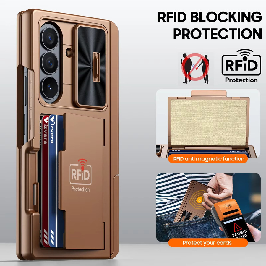 BANGZAO Handyhülle für Samsung Galaxy Z Fold 7 mit RFID-Kartenhalter, verstecktem Ständer und Kameraabdeckung, stoßfeste Silikon-Wallet-Hülle in Gold - Bild 4