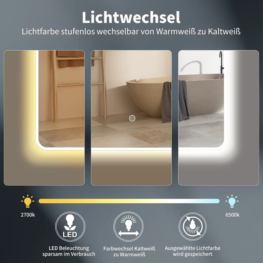 HOKO LED-Badezimmerspiegel mit Antibeschlag-Funktion in Gold/Messing, Metallrahmen, Touchschalter und CCT-Farbtemperatursteuerung, Wandmontage, B: 50 cm, H: 70 cm - Bild 2