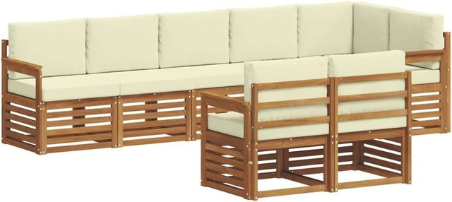 vidaXL Sofagarnitur 8-teilig aus Massivholz Akazie in Natur und Beige mit L-Form und Polsterkissen - Bild 1