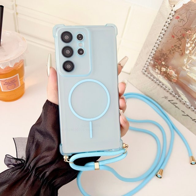 Stoßfeste TPU-Klarsichthülle mit Umhängeband und MagSafe-Abdeckung für Samsung Galaxy S25 Ultra, S24 Ultra, S25 Plus, S23 Ultra und S22 Ultra, Transparent/Blau - Bild 1