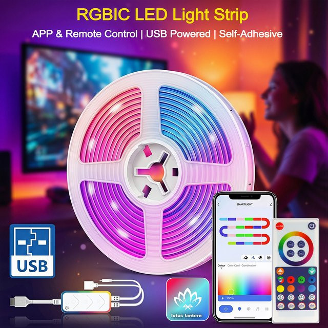TUYA RGBIC Dreamcolor LED-Lichtstreifen mit Bluetooth-Fernbedienung, adressierbare SMD5050 Lichtleiste, Multicolor, kompatibel mit Amazon Alexa - Bild 1