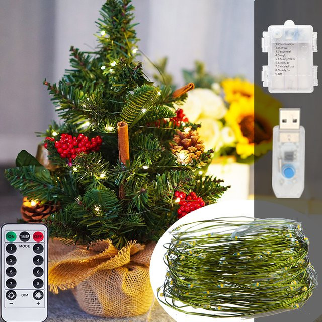 Topdii LED Fairy Lights String mit Fernbedienung, Warmweiß, Grüner Kupferdraht, USB und Batterie für Hochzeit, Weihnachten und Party-Deko - Bild 1