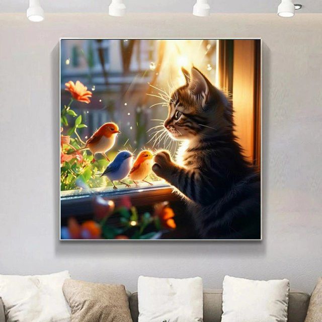 5D Diamantgemälde zum Selbermachen mit Motiv süßer Katze und Vogel als Diamantmosaik in Full Drill für Anfänger zur Wanddekoration von Potdemiel - Bild 1