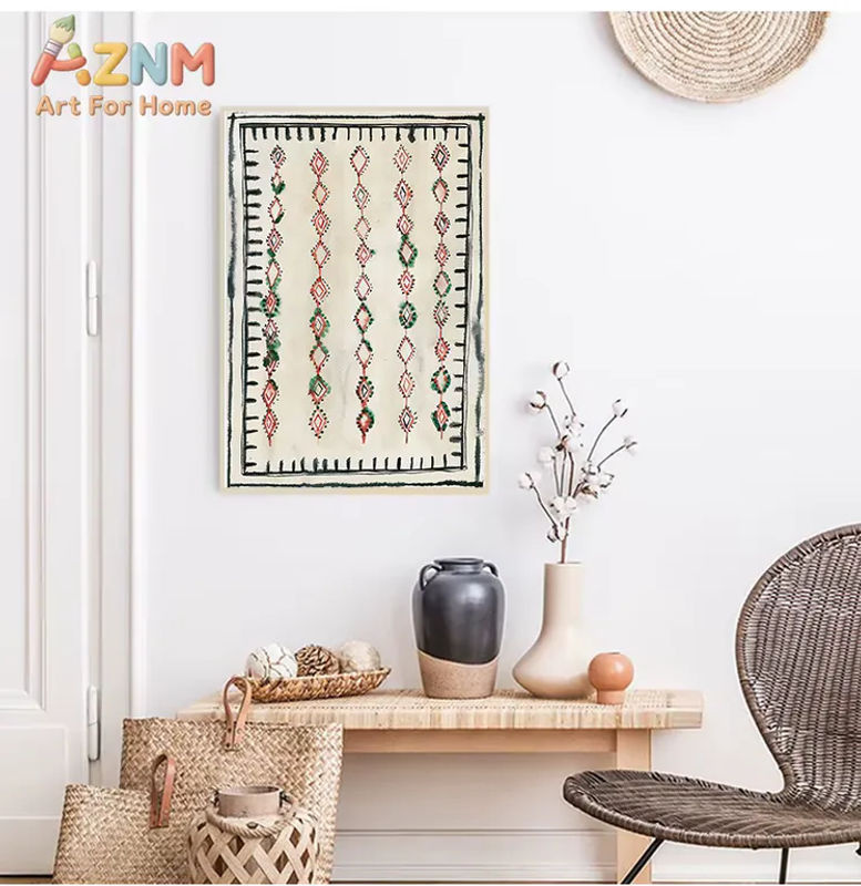AZNM Boho Aquarell-Wandkunstdruck mit marokkanischem Berber-Teppichmuster, mehrfarbiges geometrisches Leinwandposter im Hochformat, rahmenlos - Bild 3