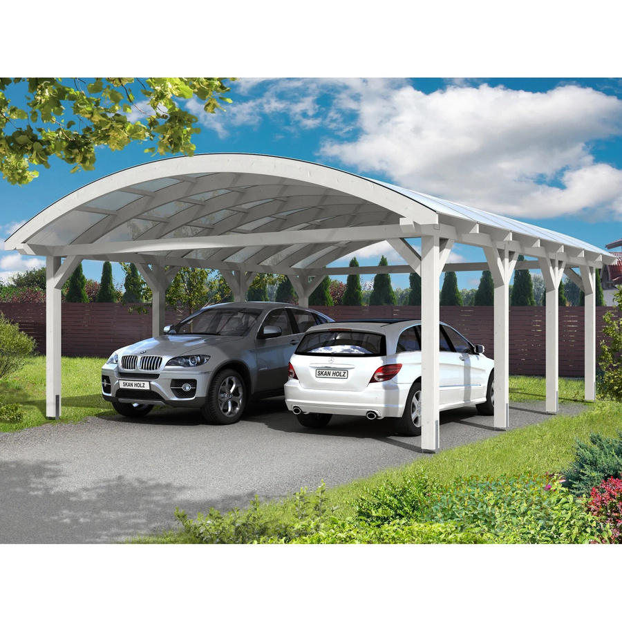 Skan Holz Carport Franken Bogendach aus Fichten-Leimholz mit Doppelstegplatten in Weiß, B: 635 cm, T: 755 cm, H: 325 cm - Bild 2