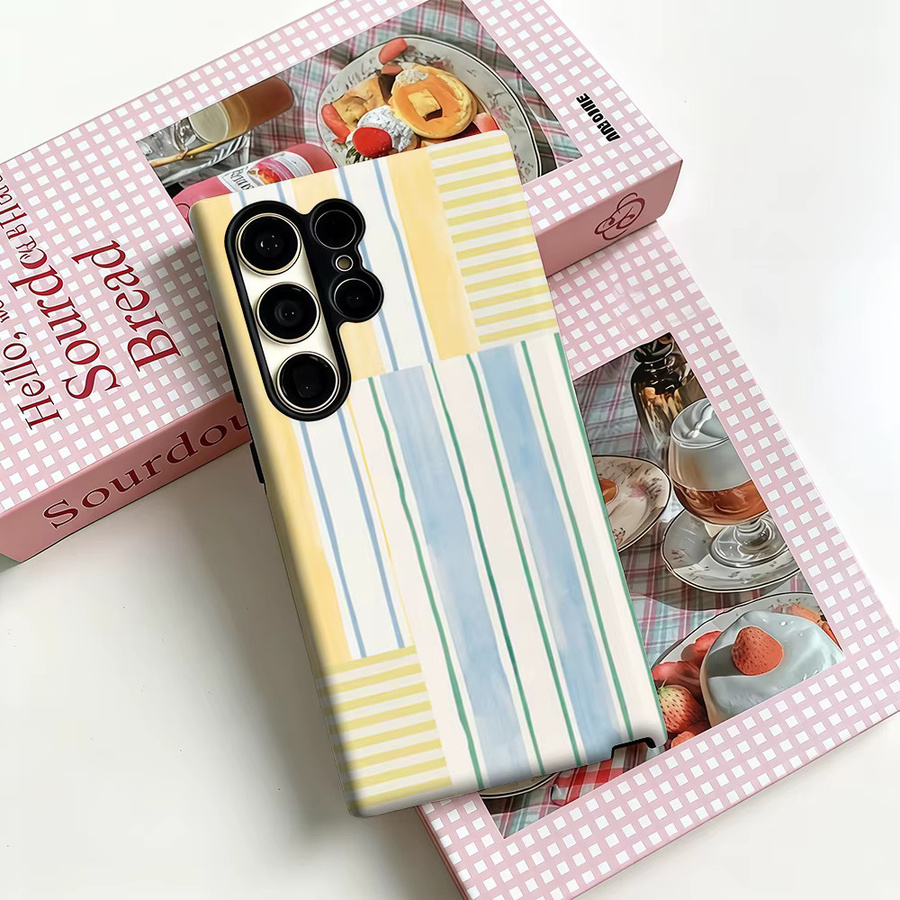 Stoßfeste Doppelschicht Handyhülle im Aquarell-Patchwork-Streifen-Design für Samsung Galaxy S25 Ultra, S24, S23 Ultra und S23 Plus, Multicolor - Bild 2