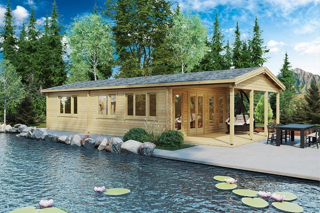 Blockhaus Holiday A mit Terrasse und zwei Schlafzimmern, Holzhaus mit 58 m² Grundfläche, B/T: 13 x 6 m - Bild 1