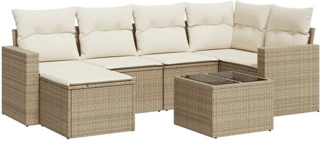 vidaXL 7-teilige Garten-Sofagarnitur aus Poly-Rattan mit Kissen in Beige - Bild 1