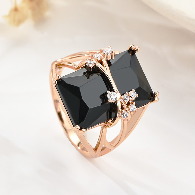 Wbmqda Ringe, 585 Gold, Roségold, schwarzer quadratischer Stein, Damen - Bild 1