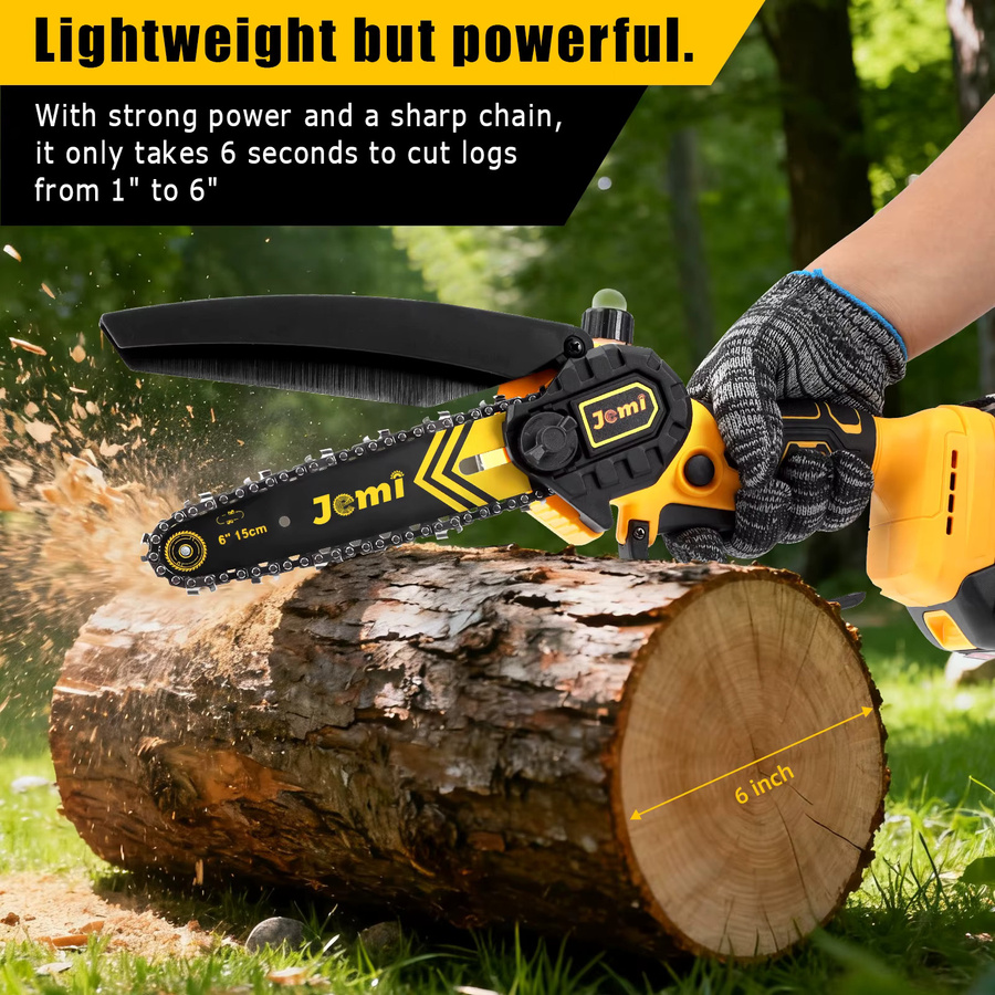 Jemi Tool Tragbare 6 Zoll Kettensäge Gelb mit Sicherheitsverriegelung und 2 Ketten passend für Makita LXT Akku - Bild 2