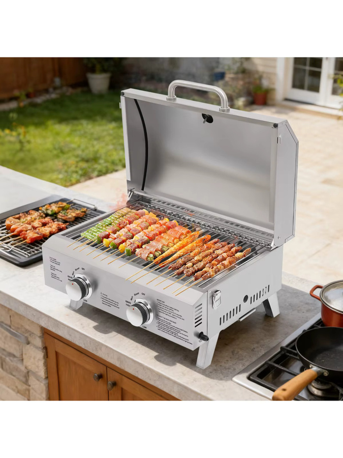 Bymaocar Tragbarer Tisch-Gasgrill aus Edelstahl mit Doppelbrennern und Thermometer, Farbe: Silber, B/T/H: 55,8 x 38 x 38 cm - Bild 4