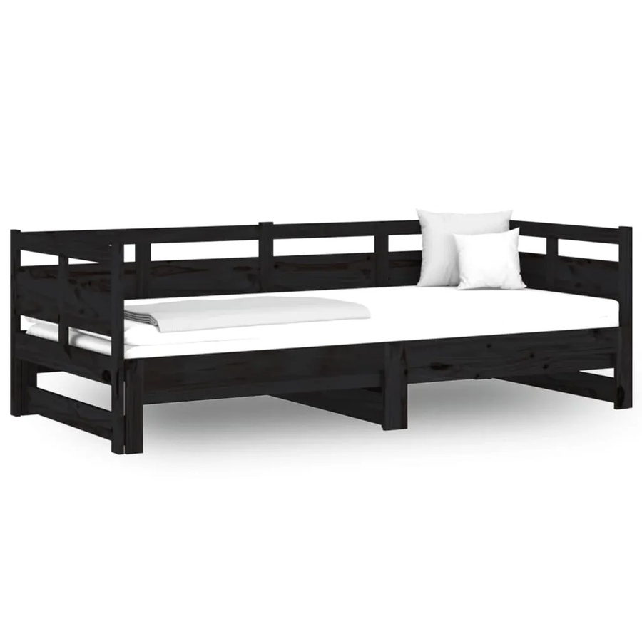 vidaXL Ausziehbares Tagesbett aus massivem Kiefernholz in Schwarz mit Schlaffunktion und Schublade, B/T/H: 160 x 200 x 66 cm - Bild 2