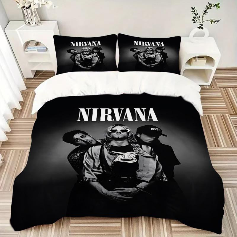 3-teiliges Nirvana Band Bettwäsche-Set in Schwarz, bestehend aus 1 Bettbezug und 2 Kissenbezügen, Material: 100% Polyester, B/H: 135 x 200 cm - Bild 2