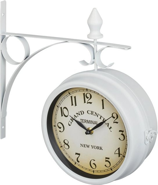 Relaxdays Bahnhofsuhr im Retro-Design aus Eisen und Glas, doppelseitig, weiß, geräuschlos, B/H/T: 34 x 35 x 10 cm - Bild 1