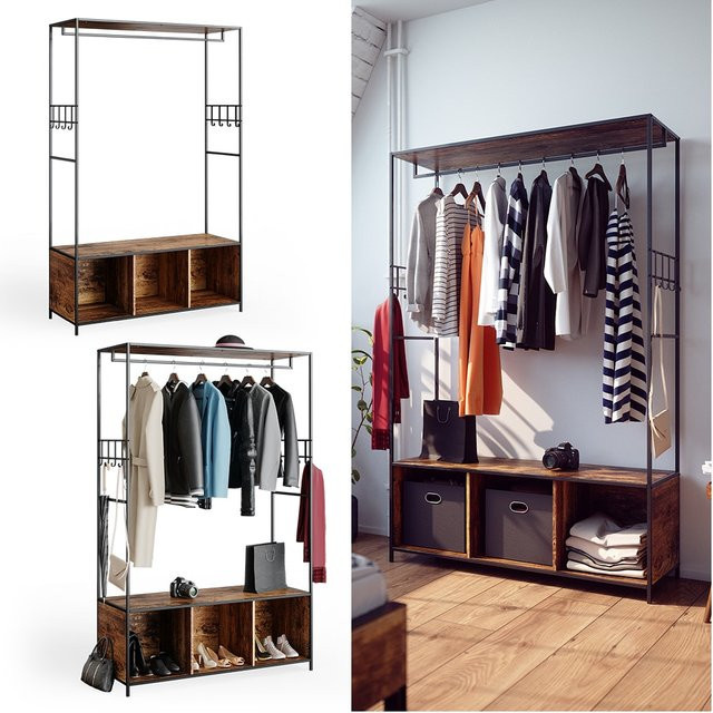 Vicco Fyrk Kleiderschrank und Garderobenschrank im Industrial Design mit Sitzbank und Schuhschrank, Farbe Braun - Bild 1