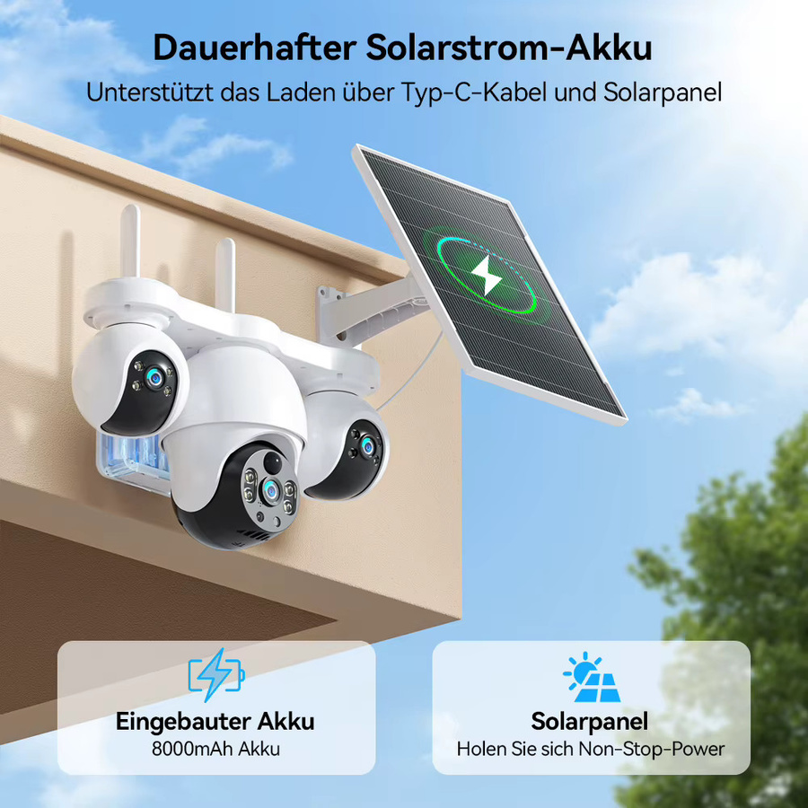 V380 Pro 4G LTE Solar Überwachungskamera für den Außenbereich mit 8MP Dreifach-Objektiv, PTZ und Auto-Tracking, Weiß - Bild 7