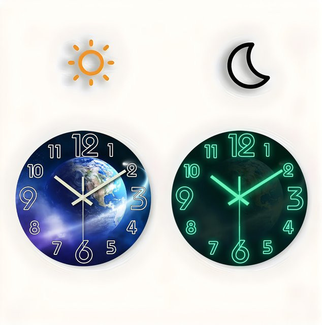 Kreative Erde leuchtende hölzerne Wanduhr in Blau, moderne runde Quarzuhr für Wohnzimmer und Schlafzimmer - Bild 1
