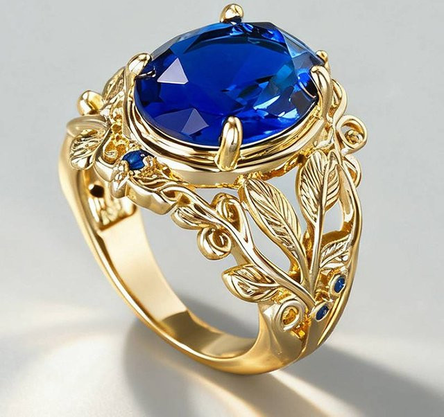Huitan Damenring, Kupfer, Gold, Blau, Zirkonia, Ovales Blattdesign - Bild 1
