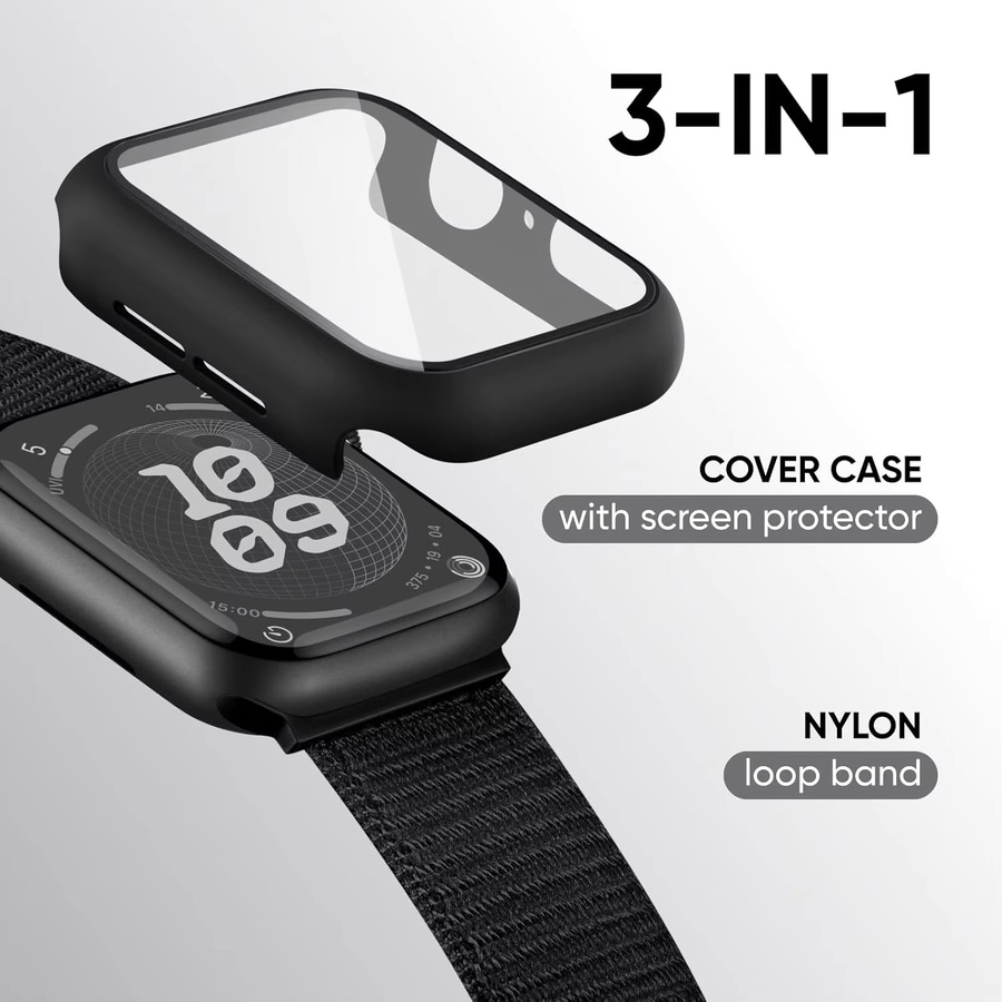 Samusak Uhrenarmband und Schutzhülle für Apple Watch, atmungsaktives Nylonarmband mit Gehäuse, Schwarz, Unisex - Bild 3