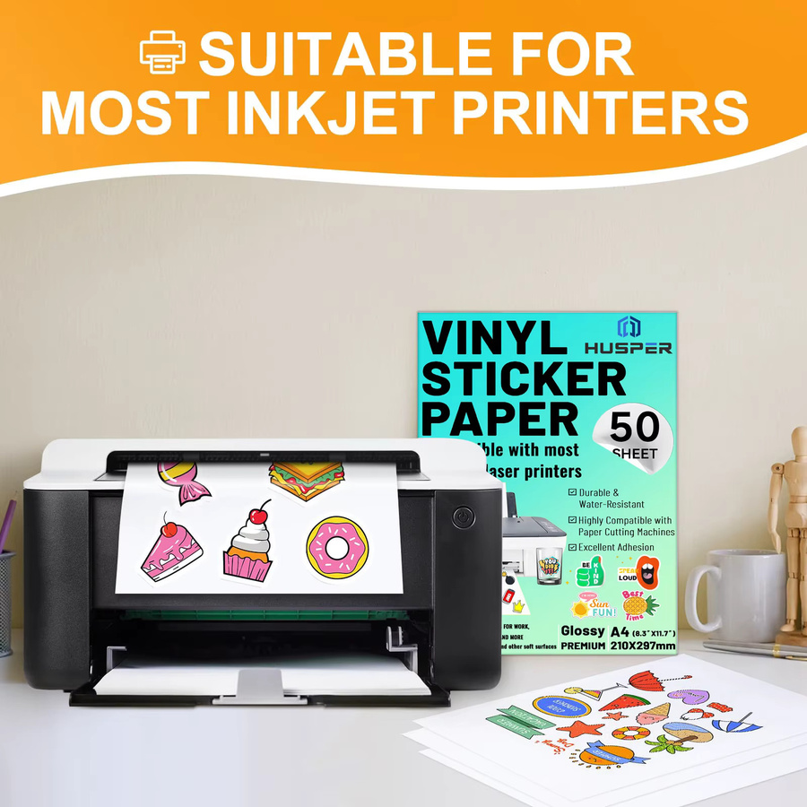 ESHANG Vinyl-Aufkleberpapier für Tintenstrahldrucker, 50 Blatt, A4, glänzend weiß, wasserbeständig und selbstklebend - Bild 3