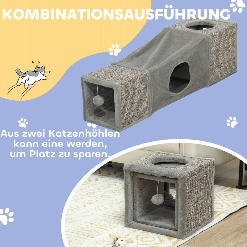 PawHut Katzentunnel mit Katzenhöhle und integriertem Spielzeug aus Sisal, Braun+Grau, B/H/L: 30 x 30 x 98 cm - Bild 5