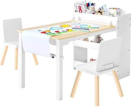 VEVOR Kindertisch Set mit 2 Stühlen und 3-stöckigem Aufbewahrungsschrank aus Kiefernholz und MDF, Spieltisch für Kinder zum Basteln, Lernen und Zeichnen, Weiß, B/T/H: 79,5 x 55,5 x 54,0 cm - Bild 1