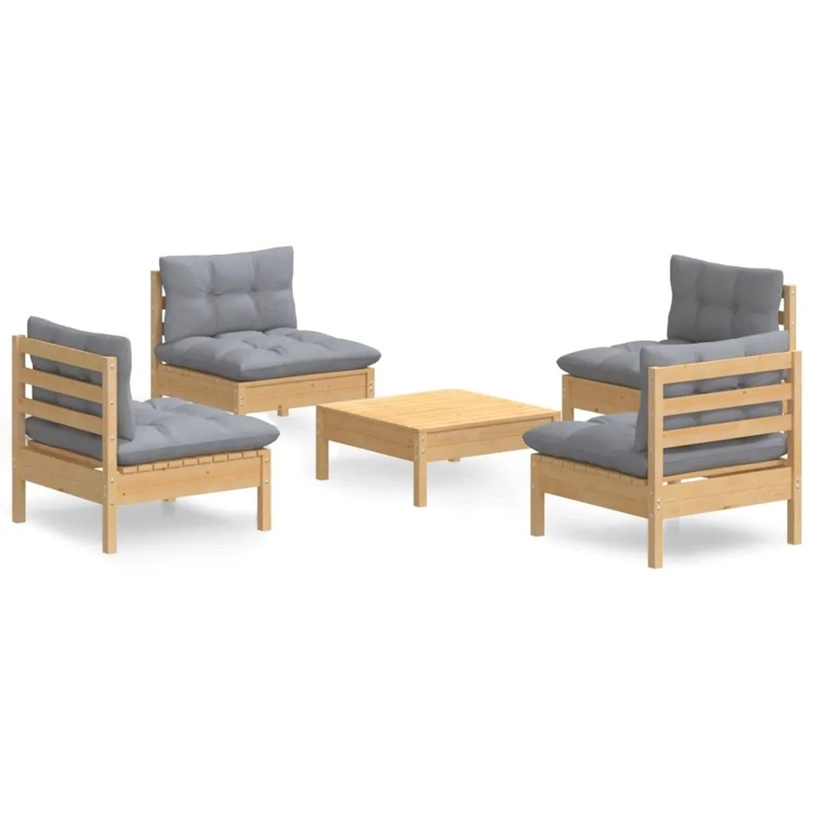vidaXL 5-tlg Garten-Lounge-Set aus Kiefernholz mit grauen Polstern in Braun-Grau - Bild 2