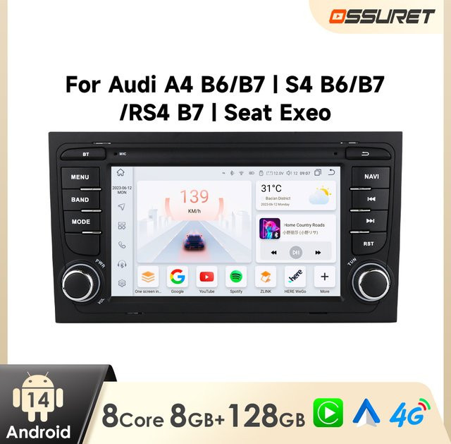 OSSURET 7-Zoll Multimedia-Autoradio mit Wireless Carplay und Android Auto für Audi A4 B6 B7 H8 S4 RS4 2000 - 2006 in Schwarz - Bild 1