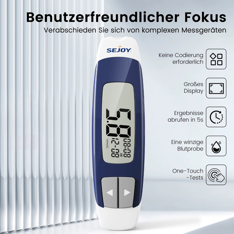 Sejoy BG-203 Blutzuckermessgerät-Set in Beige mit 50 Teststreifen und Lanzetten für dein Diabetes-Monitoring - Bild 2