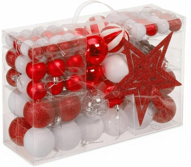 Relaxdays Weihnachtskugeln Set aus Kunststoff in Rot mit Herz, Stern und Schneeflocken Motiven, matt, glänzend und glitzernd - Bild 1