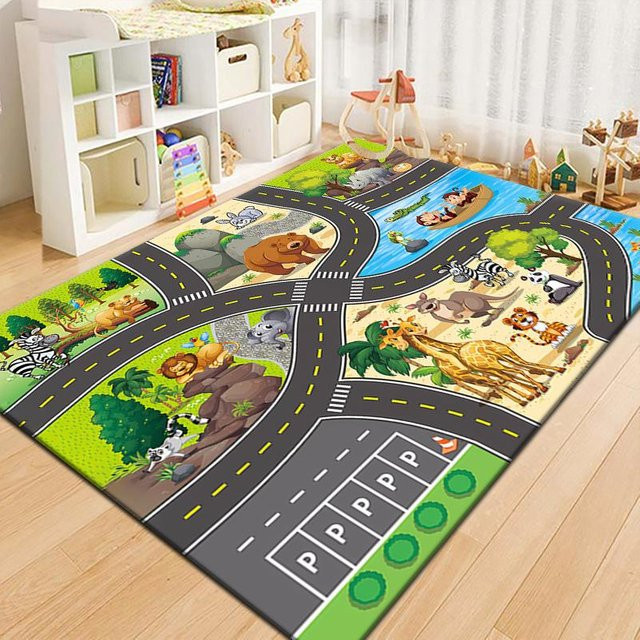 BC-Warm Home Cartoon-Rennstrecke Teppich mit Parkplatz und Straße, rutschfeste und waschbare Bodenmatte für Kinderzimmer, B/T: 230 x 160 cm, Mehrfarbig - Bild 1