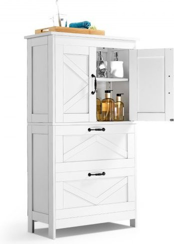 VEVOR Badezimmerschrank aus Holz in Weiß, 4-stufiger freistehender Aufbewahrungsschrank mit 2 Türen, 2 Schubladen und verstellbaren Regalböden, modernes Möbelstück für Badezimmer, Küche oder Wohnzimmer - Bild 1