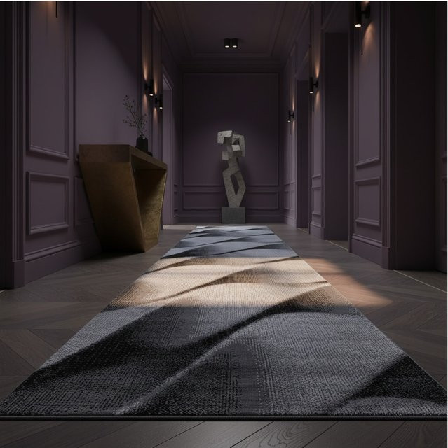 Kadima Design Teppich Kurzflor DRAU in Schwarz mit abstraktem Wellenmuster aus Polypropylen, B/T: 80 x 300 cm - Bild 1