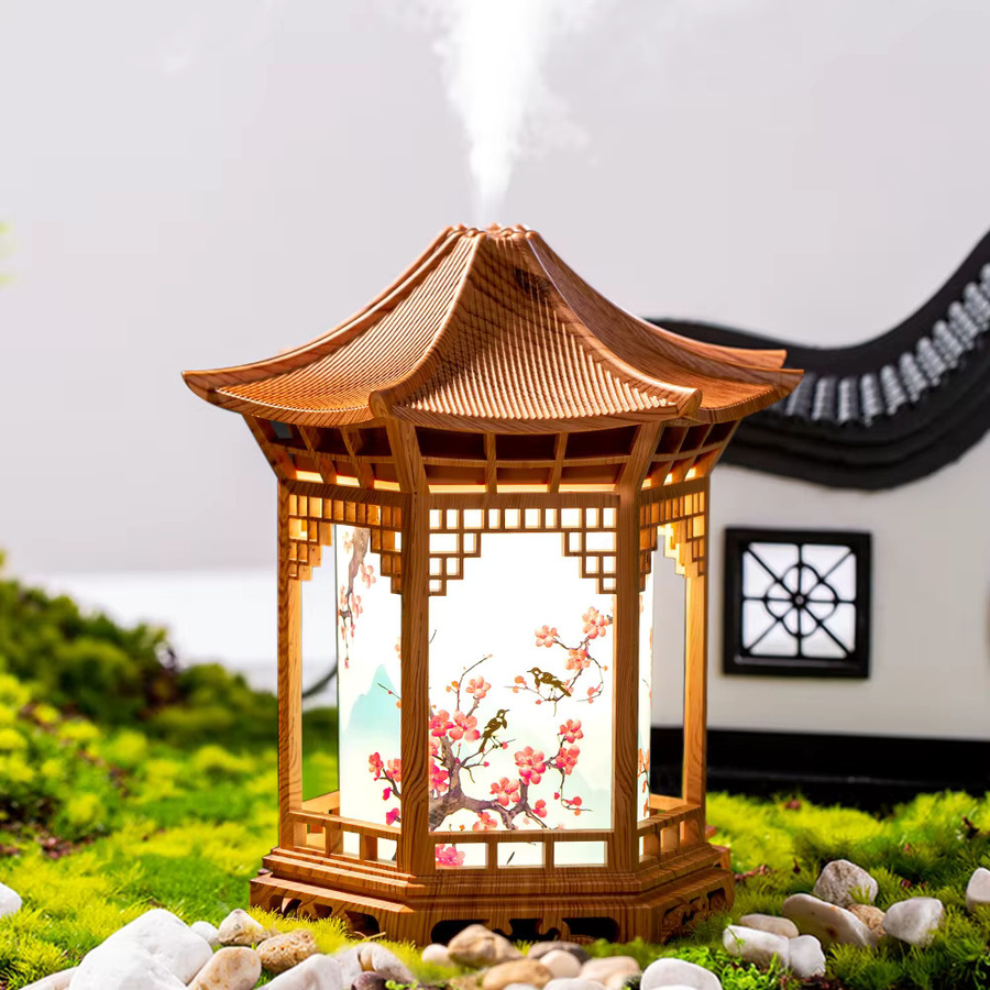 Seavidar Pavillon-Luftbefeuchter im chinesischen Stil mit Nachtlicht, tragbarer Ultraschall-Vernebler in Braun, USB-betrieben für Zuhause, Büro und Auto - Bild 3