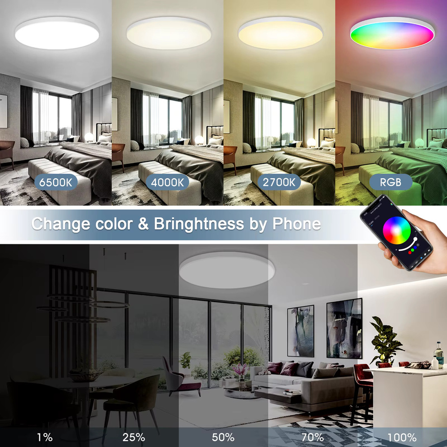 Oeegoo Smart LED-Deckenleuchte mit 24 W, dimmbar, RGB-Farbwechsel, Fernbedienung und App-Steuerung, weiß - Bild 5