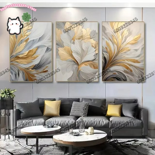 Potdemiel 3er Set Leinwanddruck Wandkunst mit goldenen weißen Blättern in floralem Design für Wohnzimmer Schlafzimmer und Büro - Bild 1