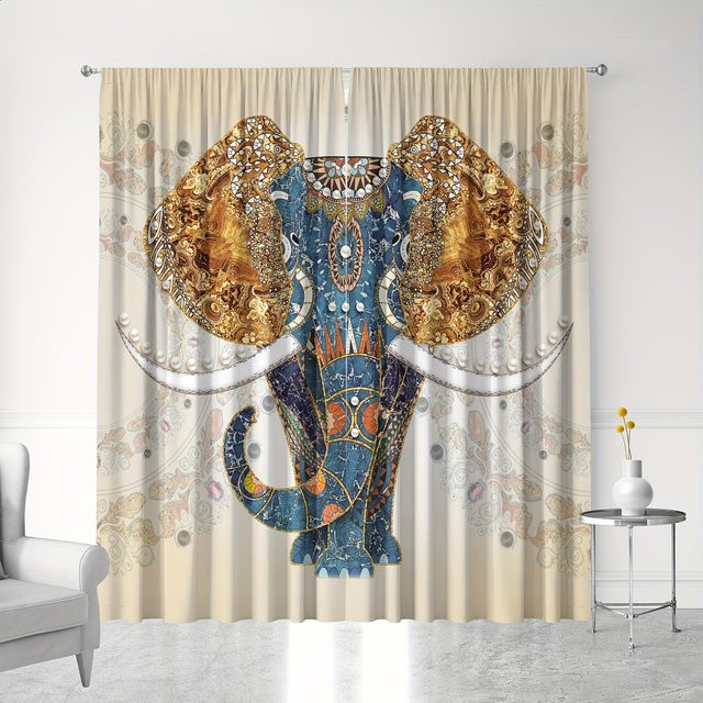 2er-Set Yiran Furniture Boho Vorhänge mit Mandala-Elefantenmuster, halbtransparent, Mehrfarbig, Breite: 65 cm, Höhe: 60 cm - Bild 1