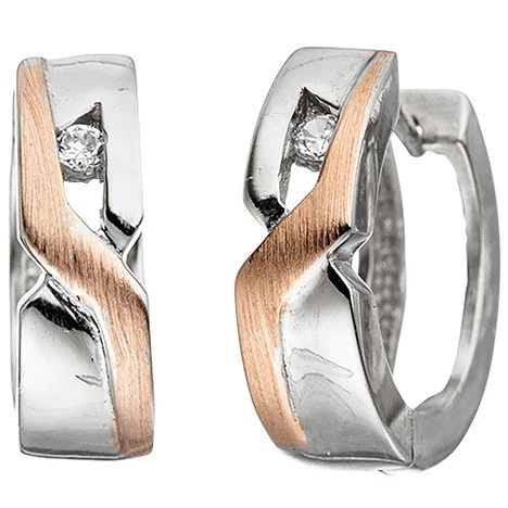 Colfem Creolen 925 Silber, bicolor vergoldet, mattiert, 2 Zirkonia, Ohrringe - Bild 1