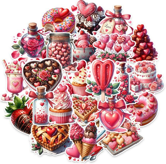 50 Stück Ästhetik Liebe Kuchen Aufkleber in Multicolour für Scrapbook, Junk Journal und DIY Bastelarbeiten - Bild 1