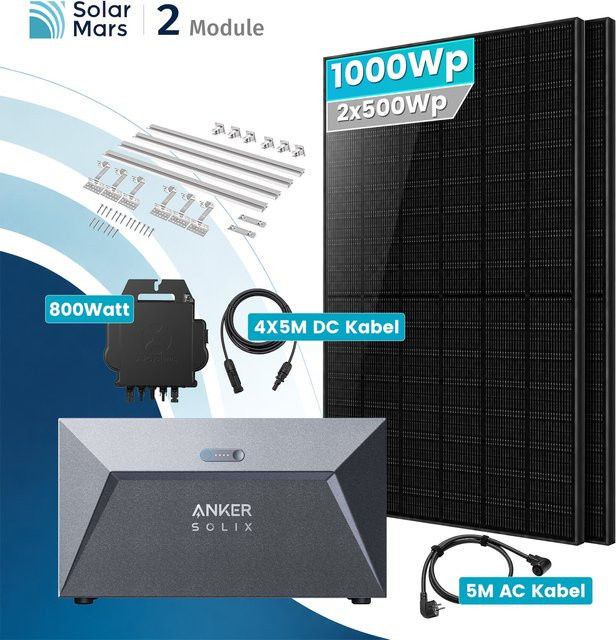 Anker SOLIX Balkonkraftwerk Komplettset mit Solarbank E1600 und EZ1 Mikroinverter, 1000W, Schwarz, inklusive Ziegeldachhalterung - Bild 1