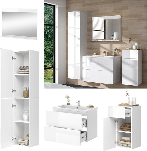 Vicco Badmöbel-Set Izan in Weiß Hochglanz bestehend aus 5 Teilen mit Waschtischunterschrank, Waschbecken aus Keramik, Badspiegel, Midischrank und Hochschrank - Bild 1