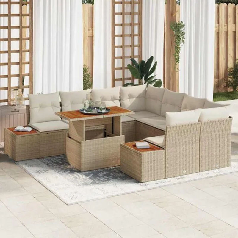 vidaXL Garten Essgruppe aus Polyrattan und Massivholz in Beige, 9-teiliges Gartenmöbel-Set - Bild 1