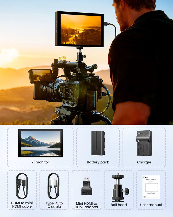 Eyoyo 7-Zoll Kamera-Feldmonitor mit 1280x800 IPS Display, Mini HDMI Videomonitor mit Bildschirmspiegelung für iPhone, tragbarer Batteriebetriebener Monitor für DSLR-Fotografie und PC - Bild 8