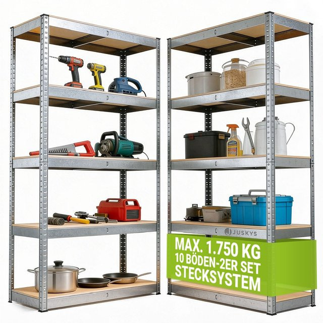Juskys Lagerregal Basic 2er Set aus verzinktem Metall, Schwerlastregal mit 10 Böden, Farbe: Silber, H x B x T: 180 x 90 x 40 cm - Bild 1