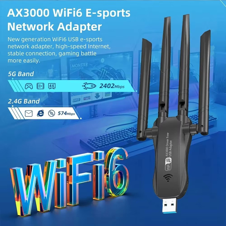 Kebidumei AX3000 WiFi 6 USB Wireless Adapter Dual Band 2,4 GHz/5 GHz 3000 Mbps Netzwerkkarte in Schwarz für Desktop-PC mit Windows 10/11 Unterstützung - Bild 2
