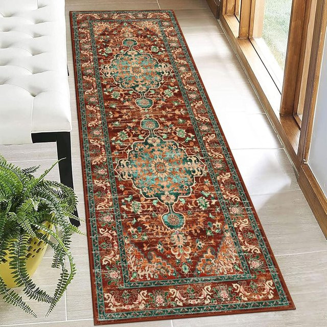 Boho Flur Läufer Teppich Lodestar in Weiß Multicolour, Vintage Ethnischer Stil, Rutschfest und Waschbar, B/T/H: 60 x 40 x 1 cm - Bild 1