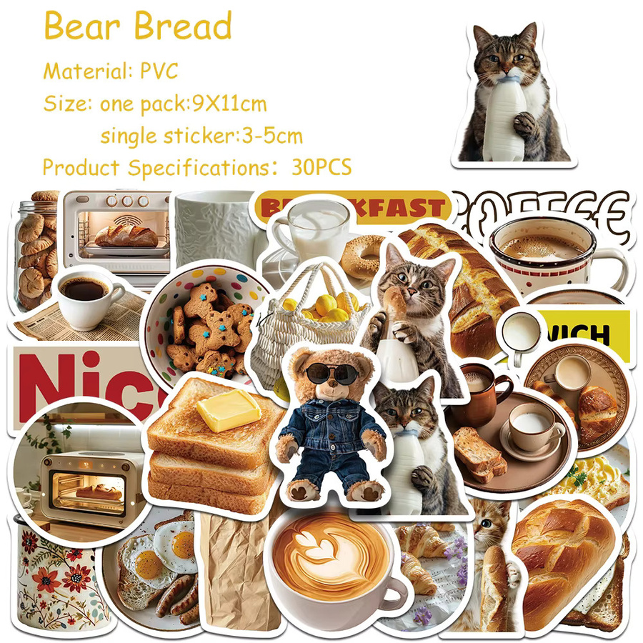 30 Stück Cartoon Bär Brot Aufkleber Set, wasserfeste ästhetische Sticker in Multicolour für Laptop, Koffer und Kühlschrank - Bild 2